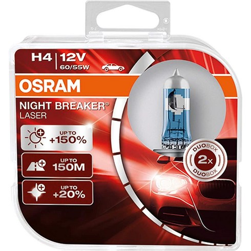 OSRAM 나이트 브레이커 레이저 H4 차세대 150% 더 많은 밝기 할로겐 헤드램프 64193NL-HCB 12V 승용차 듀오 박스램프 2개 141652