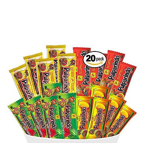 20 Count (Pack of 1) Pulparindo Mexican Candy snack Mix Flavors: Tamarind Hot Mango Watermelon and Chamoy Assortment Of De la Rosa Candies (Tama, 1개, No option