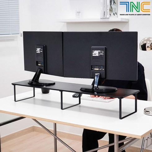 7NC 7NC 모니터받침대 듀얼 높은 와이드 모니터선반 서랍 원목 2단 컴퓨터 대형 높이조절, 블랙, 11cm (SVMS-24B), 1개