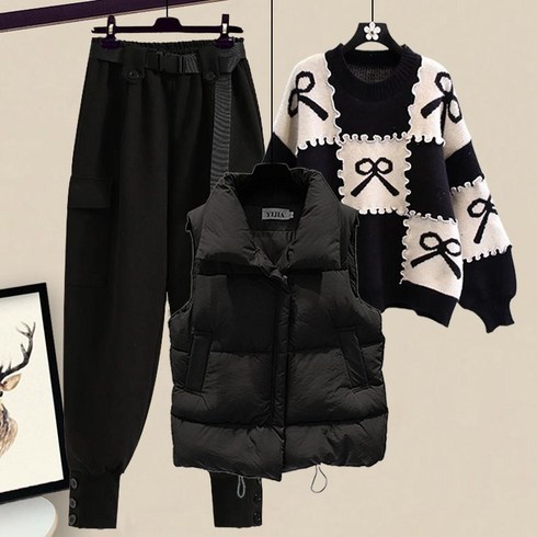 여성 겨울 캐주얼 3종세트 패딩 조끼 라운드넥 니트 스웨터 조거팬츠 쓰리피스 코디세트