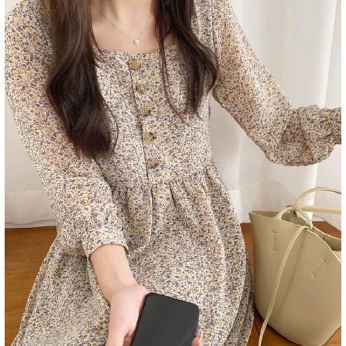 몬드스팟 여성 플라워 스퀘어넥 봄 가을 긴팔 미디 원피스 MO95