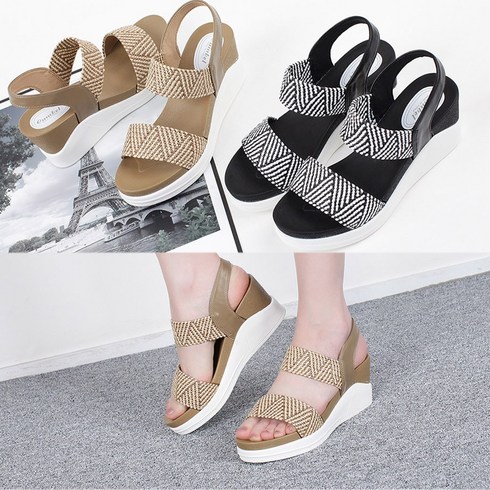 런슈즈(국내제작) 발편한 밴드 스판 투스트랩 웨지 통굽 여성샌들 7cm