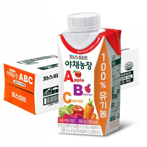 파스퇴르 100% 유기농 야채농장 ABC주스 200ml (실온보관), 18개