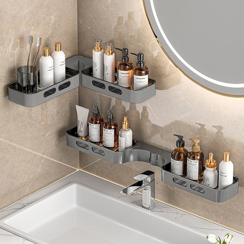 Allilio 욕실선반 코너 다기능 선반 180도 회전 화장실 2단 선반 부착식 물빠짐선반, 그레이, 1개