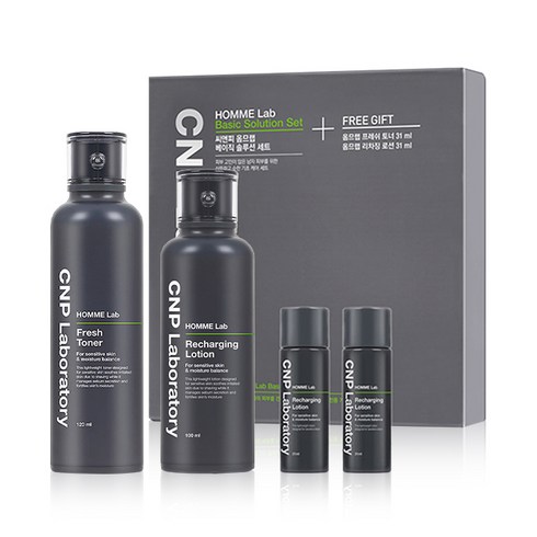 CNP 차앤박 옴므랩 남성용 베이직 솔루션 토너 로션 기초 화장품 세트, 1세트, 토너 120ml, 로션 100ml