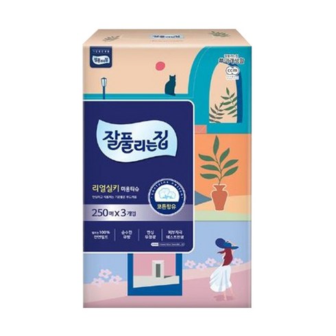 잘풀리는집 리얼실키 천연펄프 미용티슈 250매, 12개