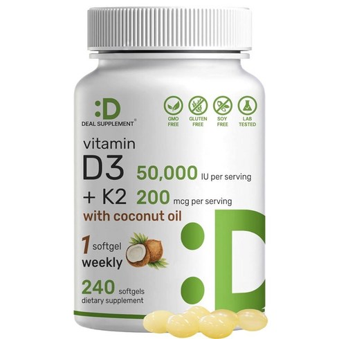 DEAL supplement - DEAL SUPPLEMENT 비타민 D3 50 000 IU + K2 MK7 200mcg 240 소프트젤 | 버진 코코넛 오일 최대 강도 D 및 K 심장 뼈 치아 건강 촉진, 240 Count (Pack of 1), D3 50,000 IU + K2 MK7 200mcg, 1개, 50정