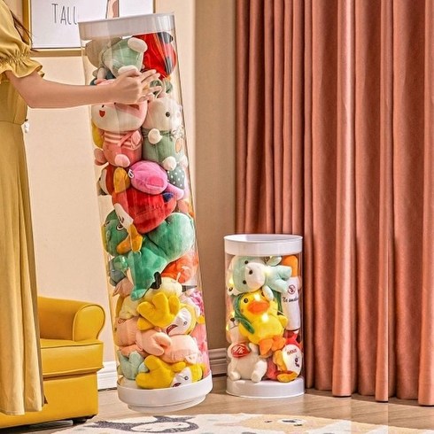 원통형 인형 장난감 수납 정리함 리빙 박스 보관 함, 핑크, 1개