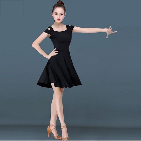 FANSYLI 여성 여름 라틴댄스 원피스 반팔 원피스 댄스 경기복 W4A10, 블랙
