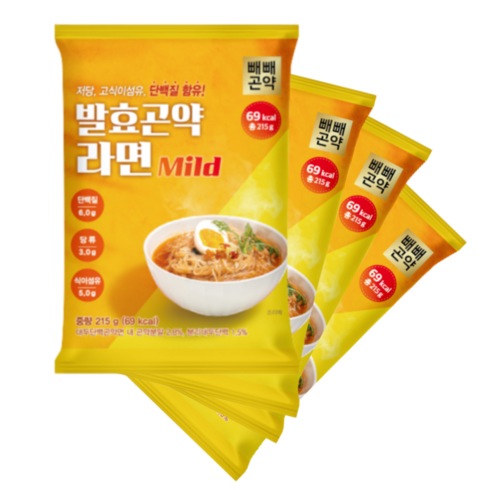 [단백질 함유 저칼로리 저당] 발효곤약라면 순한맛 215그램 69칼로리 4/8/12 팩, 4개, 215g