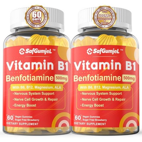 부나하벤12년 - 비타민 B1 구미 벤포티아민 500mg - B6 B12 체 가능한 활성 티아민 전환 1팩, 60 Count (Pack of 2), 2개, 60정