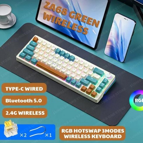 SUMREDA ZA68ZA63 무선 게이머 기계식 키보드 블루투스 TYPE-C 유선 3종 모드 핫스왑 RGB 백라이트 68 키 24GM1wgmk67hi75mk870미니 키보드노브, ZA68 Green Wireless