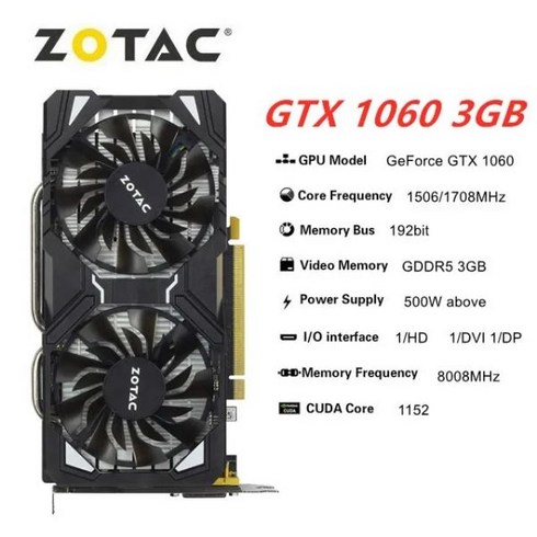 Zotac GTX 1060 6GB 그래픽 카드 1060-6GD5 비디오 GPU 데스크탑, GTX -1060-3GB