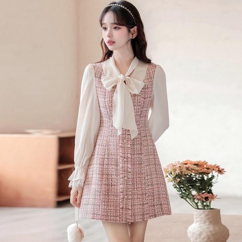 트위드 배색 레이어드 리본 A라인 미니 원피스