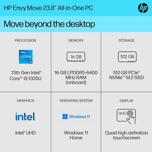 HP 엔비 무브 23.8인치 올인원 PC QHD 디스플레이 13세대 인텔 코어 i51335U 16GB RAM 512GB SSD UHD 그래픽 윈도우 11 홈 24cs0090 2