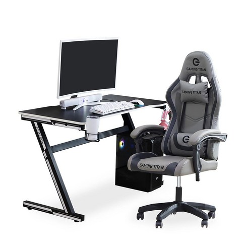 일루일루 Z-타이탄 시리즈 게이밍 체어+게이밍 데스크 세트상품 발받침X 라이트G-지타이탄, 블랙블랙+그레이(발받침X)