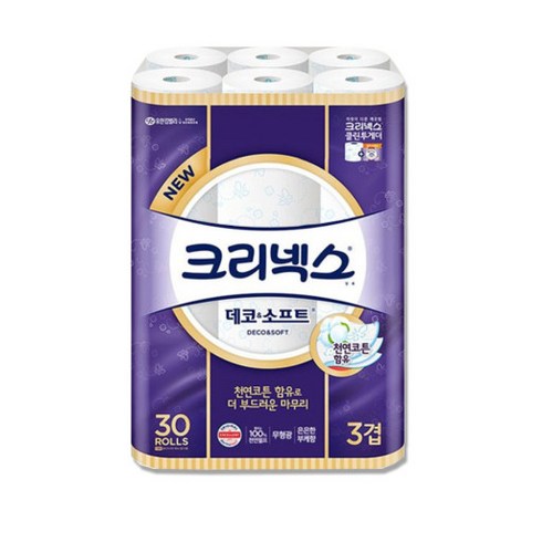 크리넥스데코앤소프트 - 유한킴벌리 크리넥스 데코 소프트 3겹 화장지 30롤 휴지, 1개, 30개입, 40m