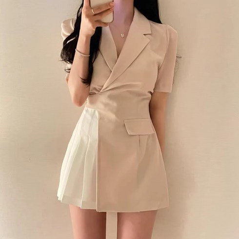 미니원피스 - 예쁨시전 배색 크로스 허리스트랩 반팔 셔츠 미니 원피스