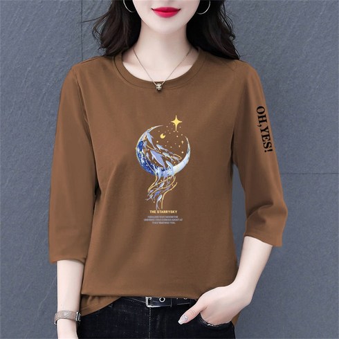 지니나나 24 PREFALL 7부 코튼 스판 티셔츠 4종 - besteffie 여성 7부 티셔츠 여름 프린트 박스 티 캐주얼 7부 소매 엄마룩 데일리 이너티 E55