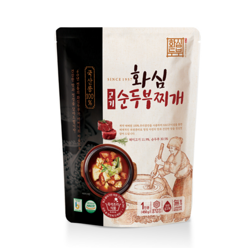 [화심두부] 고기 순두부찌개 100% 우리콩과 국산 돼지고기, 3개, 450g