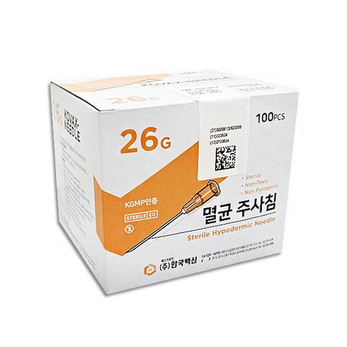 한국백신 일회용 주사침 26g x 1/2inch 100개입, 1개
