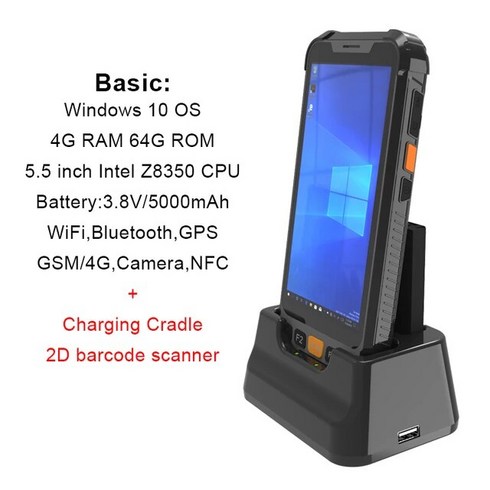바코드스캐너 무선바코드스캐너 qr바코드스캐너 5.5 인치 견고한 핸드 헬드 윈도우 10 OS 터치 스크린 PDA 바코드 스캐너 산업용 와이파이, 2D N3680 Cradle_UK