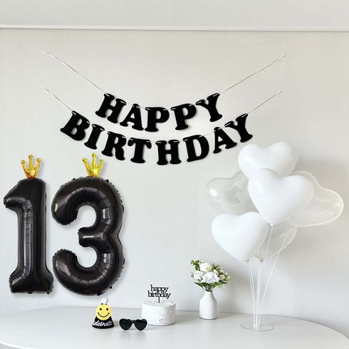 생일풍선세트 - 연지마켓 생일 파티 용품 세트 가랜드 숫자 풍선 안경 고깔, 13, 1세트, 블랙
