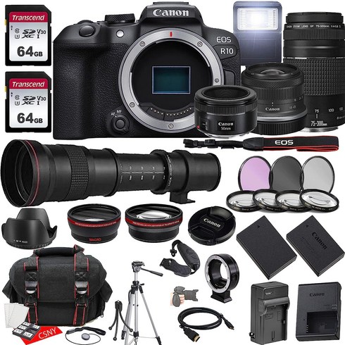 RF-S 18-45mm f/4.5-6.3이 장착된 캐논 EOS R10 미러리스 카메라는 STM EF 75-300mm f/4-5.6 III 50mm f/1.8 420-800mm f/