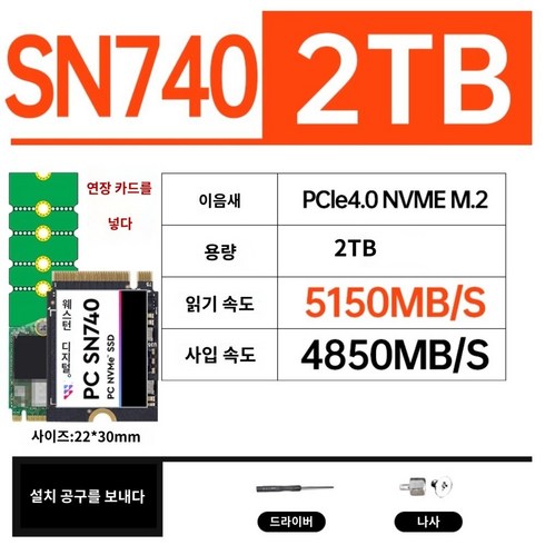 WD SN740 1T M2 2230 SSD NVME 스팀덱 호환, 표준, SN740 2T 2230+연장카드MB