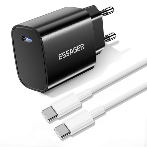 Essager 25W PD C타입 초고속 미니 충전기 C TO C 케이블 포함, 2세트, 블랙