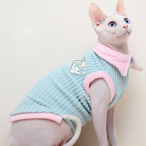 펫보스 고양이 스핑크스옷 골지 레이어드 티셔츠, 블루