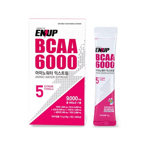 1회용bcaa - 엔업 아미노워터 익스트림 BCAA 6000 파워부스터(16gx7포) 아미노산 9000 구연산 2880 L-오르니틴 500 전해질 함유, 1개, 112g