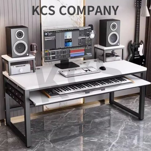 KCS 미디데스크 미디테이블 건반 전자피아노 책상 음악 작업, 블랙 프레임+화이트