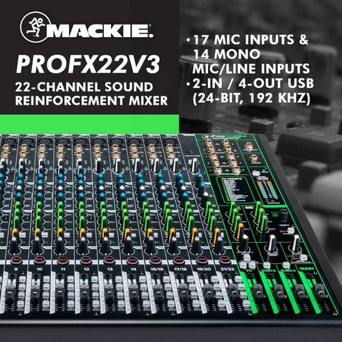 FX 내장형 Mackie ProFX22v3 22채널 전문가용 사운드 강화 믹서 + 기본 TRSXLRRCAUSB 케이블 번들 Fibertique 극세사 청소용 천
