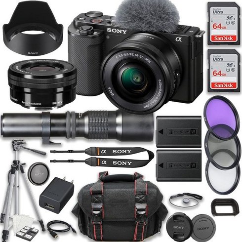 Sony ZV E10 미러리스 카메라 + EPZ 16 50mm f 3.5 5.6 OSS 렌즈 500mm 8 포커스 2X 64GB 메모리 케이스 삼각대 이상 25pc 묶음