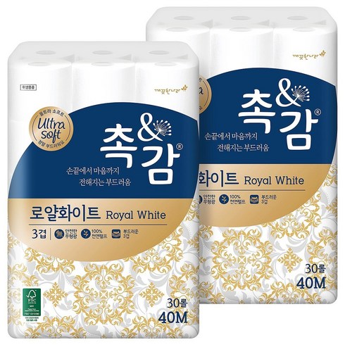 깨끗한나라 촉앤감 로얄화이트화장지 40m x30롤, 30롤, 2팩