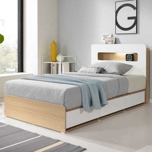 2023년 가성비 최고 슈퍼싱글침대 - [데코라인] 포인트 LED 수납형 슈퍼싱글 침대 + 본넬 매트리스