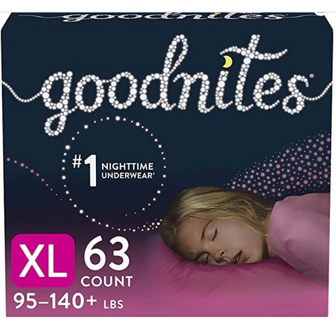 굿나잇 43~64kg 여아용 취침시간 트레이닝 1회용 언더웨어 63개입 XLARGE, 특대형(XL)