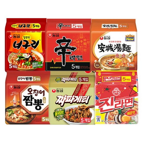 [농심] 라면 멀티팩 6종 (신라면+오징어짬뽕+짜파게티+안성탕면+너구리+진라면매운맛) 총, 필수선택:1세트