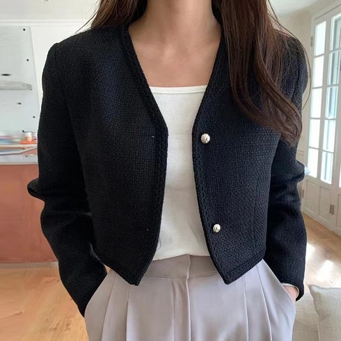 쪼예 브이넥 배색라인 트위드 크롭 자켓