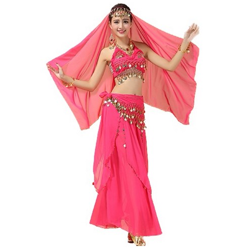 밸리댄스복 - 여성 인도 전통 성인 밸리 댄스복 무대의상 공연복 장신구 헤어베일 프리사이즈 dfsdfcveT-6676451110, 핑크