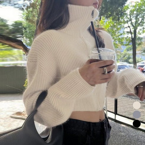 라라벨 여성용 가디건 하이넥 무지 베이직 긴팔 크롭 데일리 니트 집업 가디건