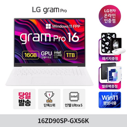 16zd90sp-gx56k - LG전자 그램 Pro 16 코어 울트라5 인텔 Arc, 에센스 화이트, 1TB, 16GB, WIN11 Home, 16ZD90SP-GX56K