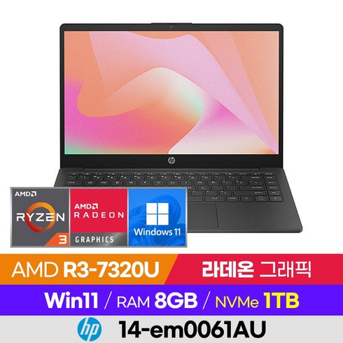 HP 14-em0061AU 가성비 윈도우 사무용 업무용 AMD 14인치 노트북, WIN11 Home, 8GB, 1TB, 블랙