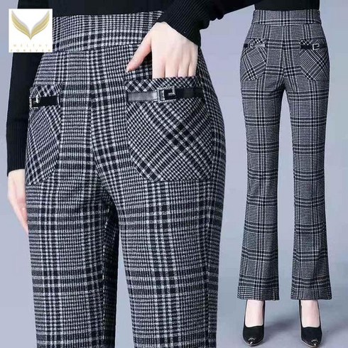 MOSAIRATION 여성용 세미부츠컷 팬츠 나팔바지 체크 하이웨스트 정장바지 ZH23103008