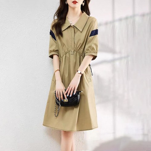 T224MOP262W - POMTOR 여성 반팔 셔츠 원피스 셔츠칼라 캐주얼 스트링 허리 조임 패치 배색 롱 원피스