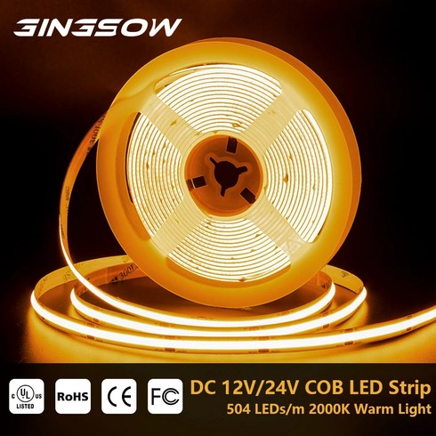 간접조명셀프 커튼박스 Gingsow 2000K COB LED 스트립 504LED/M 고밀도 유연한 DC 12V 24V 따뜻한 빛 RA90 테이프 리본 실내 홈 장식, 2.2000K Warm White - 24V 504LE