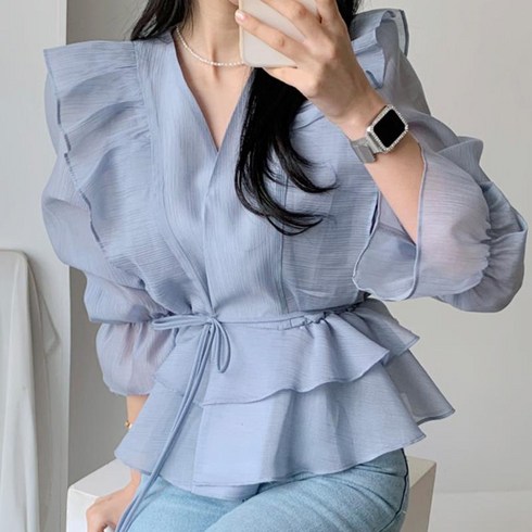 Makone여성용 봄가을 긴팔 셔츠 루즈핏 셔츠 슬림핏 상의춘추신 크로스오버 V넥계 밴딩 허리 이중하잎변 플레어 소매 셔츠