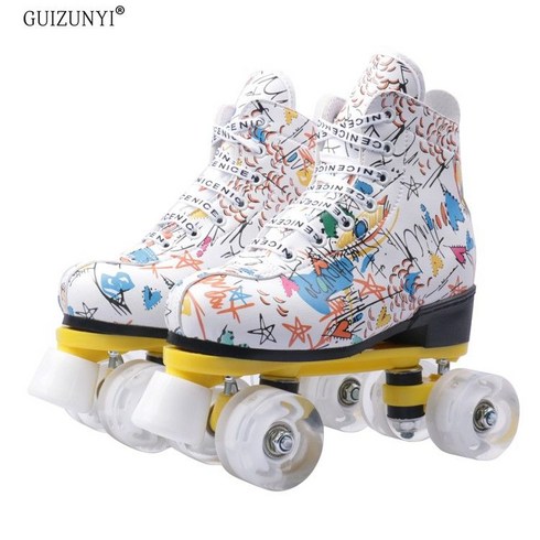 발광 파스텔 컬러 롤러스케이트 성인용 청소년용 초등 롤라, 225(36), 흰색 낙서 + 흰색 바퀴