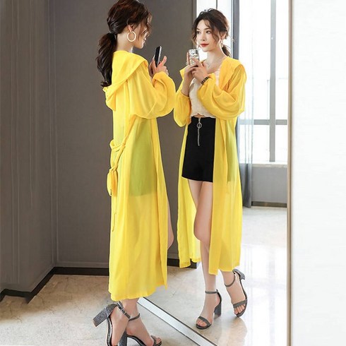 ANYOU 여성 여름 얇은 쉬폰 래쉬가드 비치 래쉬가드 무릎 덮개 롱 래쉬가드, 엘로우, 2XL